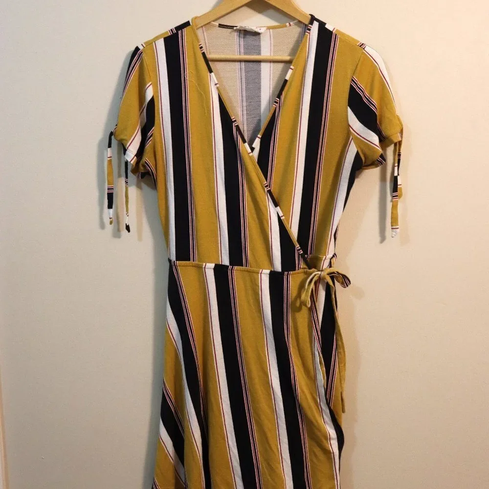 Pink Rose Dress, Tan, black, white & red striped dress, Medium, dress with tie - Picture 1 of 4